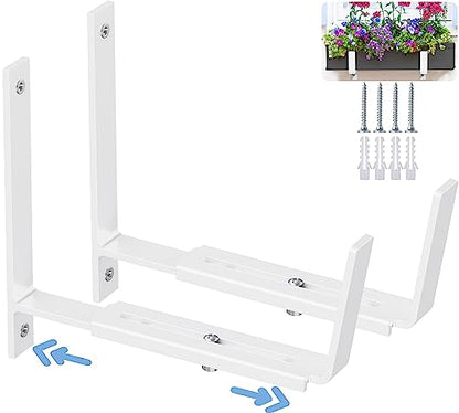 HFHOME 2 PCS Adjustable Planter Box Brackets (6 to 12.5 in), Universal Window Box Brackets, Heavy Duty Metal Flower Box Wall Mounting Hooks for Balcony, Fences, Patio, and Garden - White - size: Set of 2 - White