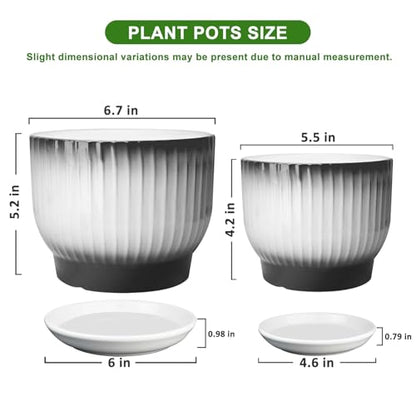 6.7 + 5.5 Inch Ceramic Plant Pots, Set of 2, Black + White - color: Black + White