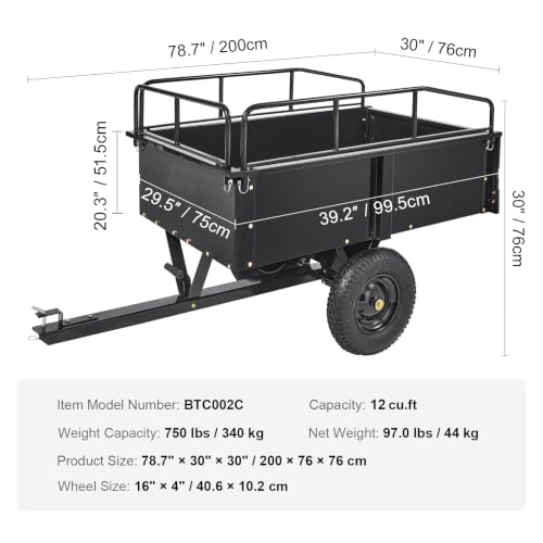 Happybuy Heavy Duty Steel ATV Dump Cart, 750-Pound Capacity, 12 Cubic Feet Garden Utility Trailer with Removable Sides for Lawn Mower Tractor - Black