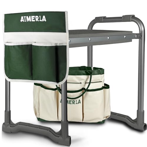 Aimerla Foldable Garden Kneeler Seat Heavy Duty [Upgraded Widened Thick Kneeling Pad] Gardening Stool with Large Tool Bags with Pockets - Portable Garden Bench Gardening Gifts for Parents - size: K3-Dark green