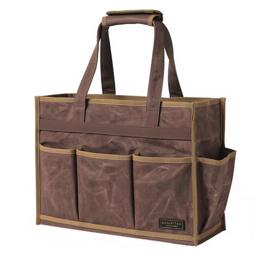 Tool Bag, Heavy Duty 16oz Waxed Canvas Water-Resistant Tool Pouches, Tool Tote with Handle for Tools, Wrenches, Screwdrivers (16.5 X 7 X 12 inch) | Brown - color: Brown