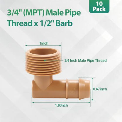 RedChili 1/2 Inch Drip Irrigation Fitting To 3/4 Inch Male Hose Threaded Adapter, 10 Pack PVC To Drip Irrigation Elbow Adapter With 3/4" Male Pipe Thread(MPT) x 1/2" Barbed Connectors - size: 3/4" Threaded Elbow Adapter