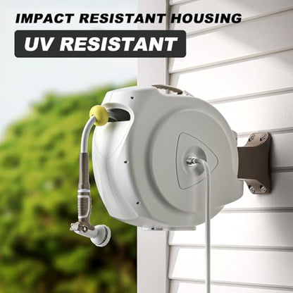 Retractable Garden Hose Reel, 1/2 in 120+6 ft, Heavy Duty Wall Mounted Water Hose Reel, Spring Power Automatic Rewind, Any Length Lock, 180° Swivel Bracket, 10 Pattern Spray Nozzle - size: 1/2" 120FT