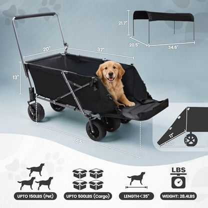 REDCAMP Folding Dog Wagon with Canopy, 150lbs Dog Stroller with 6 Wheels - color: Inky + Canopy, size: 150 Pound