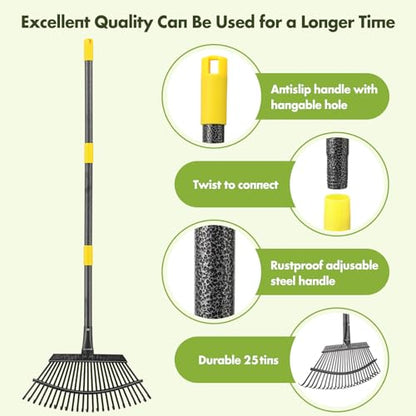 Rake for Leaves, Heavy Duty Leaf Rakes for Lawns & Yard - 79” Adjustable Long Handle 18” Width 25 Metal Tines - Gardening Rake for Adults Kids for Shrub,Grass,Mulch - style: 25 Tines 6FT