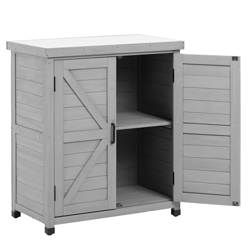 Outdoor Storage Cabinet with Metal Tabletop, Cedar Wood Garden Workstation - color: Gray, size: 31x17x36