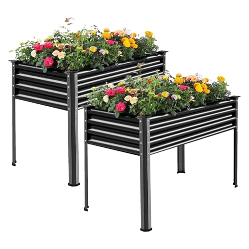 Land Guard 2Pcs Galvanized Raised Garden Bed with Legs, 48×24×32in Large Metal Elevated Raised Planter Box with Drainage Holes for Backyard, Patio, Balcony, 400lb Capacity (Gray) - color: Gray