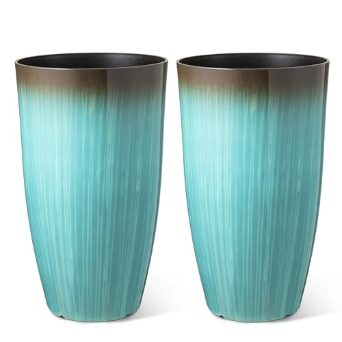 Glitzhome 23.5" H Tall Outdoor Planter, Set of 2 Large Tall Planters with Gradient Turquoise Faux Ceramic Finish, Large Flower Pots for Porch Garden Patio Indoor All Season Decor,with Drainage Holes - color: Gradient Turquoise, size: 23.5" H