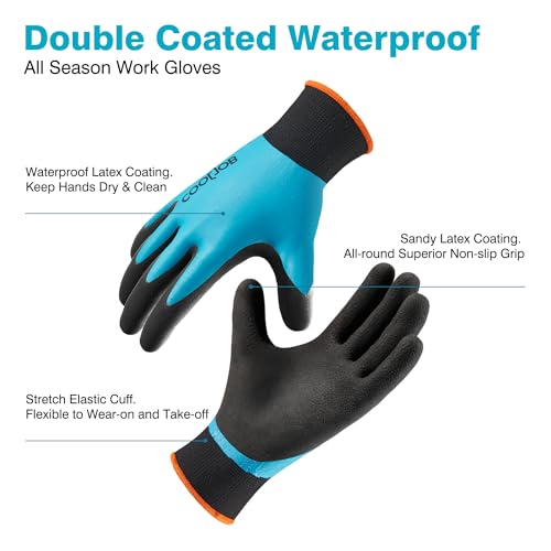 COOLJOB 2 Pairs Waterproof Gardening Work Gloves with grip, S - color: No Fleece/Blue, size: Small (Pack of 2)