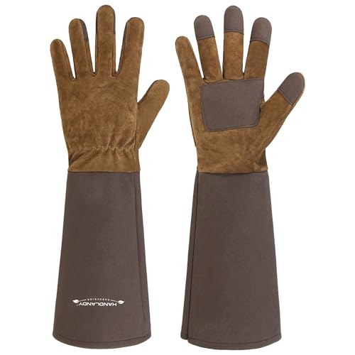 HANDLANDY Long Gardening Gloves for Men & Women, Cowhide Leather Rose Pruning Gloves- Breathable & Durable Gauntlet Glove (Medium, Brown) - color: Brown, size: Medium (Pack of 1)