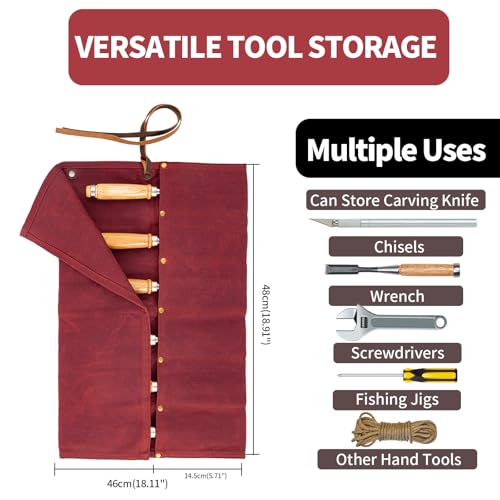 Chisel Roll, 6 Pockets Roll Up Tool Pouch, Waxed Canvas Small Tool Roll - color: Red