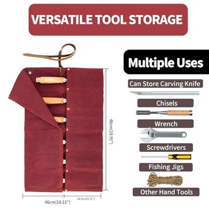 Chisel Roll, 6 Pockets Roll Up Tool Pouch, Waxed Canvas Small Tool Roll - color: Red