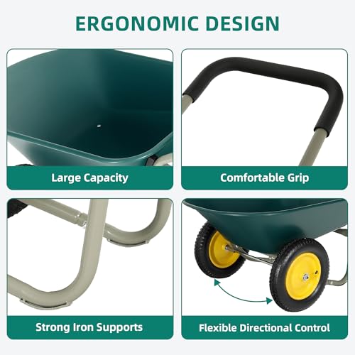 Autodaya Dual-Wheel Garden Cart, 14" Pneumatic Tires & Built-in Stand, 4.5 Cu Ft Utility Yard Wheelbarrow for Gardening, Soil, Construction, Easy Assembly - color: 330lb|dark Green-4.5 Cu Ft