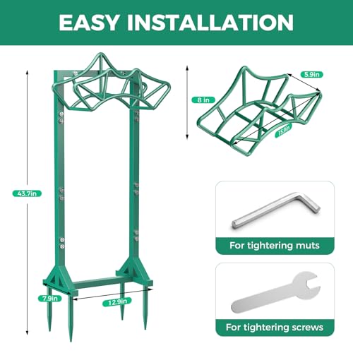 Garden Hose Holder with 2 Tool Hooks, Heavy-Duty Freestanding Hose Holder Holds 160Ft Hoses, Rustproof Freestanding Hose Stand with 4 Spikes Water Hose Hanger Storage Reel Rack for Outside, Yard, Lawn - color: Green, size: Crown