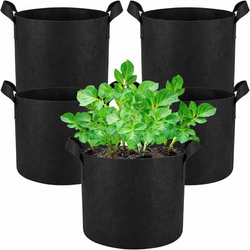 5 Pack 3 Gallon Grow Bags, Heavy Duty Nonwoven Fabric Pots with Handles, Plant Grow Bags for Vegetables, Flowers, and Fruits, Aeration Planters for Outdoor and Indoor Gardening