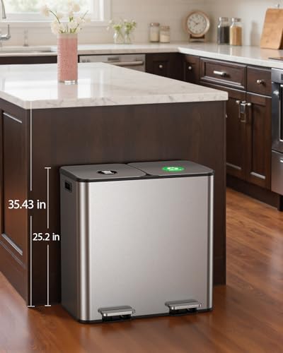 Lovewind Dual Trash and Recycling Bins for Kitchen, 2 * 11-Gallon Stainless Steel Double Trash Can, Step-On Garbage and Recycle Combo, Quiet Close, Pet-Proof, Compatible with 13-Gallon Bags, Silver - color: Silver, size: 2 x 11 Gallon