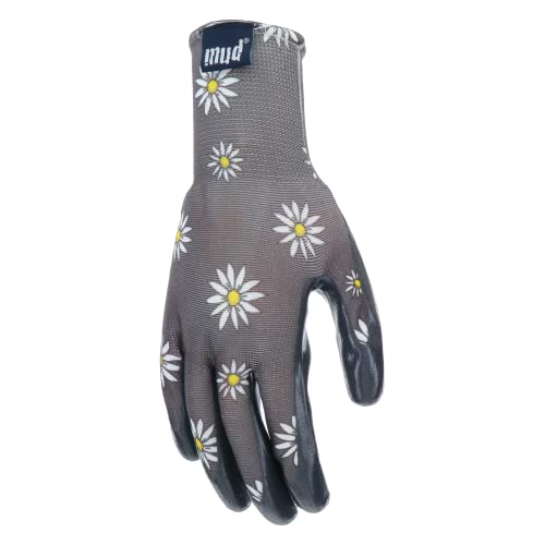 Mud Grip Women's Daisy Printed Polyester Shell and Flat Nitrile Coated Palm Gardening Gloves, - color: Gray, size: Medium/Large (Pack of 1)