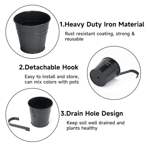 KINGLAKE Flower Pots,10 Pcs Metal Iron Hanging Flower Plant Pot Balcony Garden Plant Planter Baskets Fence Bucket Pots 6.3'' Flower Holders with Detachable Hook Black - color: Black, size: 6.3 Inch