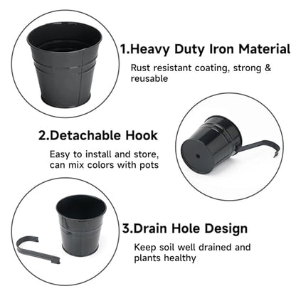 KINGLAKE Flower Pots,10 Pcs Metal Iron Hanging Flower Plant Pot Balcony Garden Plant Planter Baskets Fence Bucket Pots 6.3'' Flower Holders with Detachable Hook Black - color: Black, size: 6.3 Inch