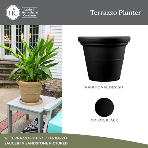 The HC Companies Terrazzo Large Round Plastic Plant Pot w/Rolled Rim - Lightweight & UV Resistant Gardening Pot for Herbs & More - Outdoor & Indoor Plant Pots w/Drainage (24” Black) - color: Black, size: 24"