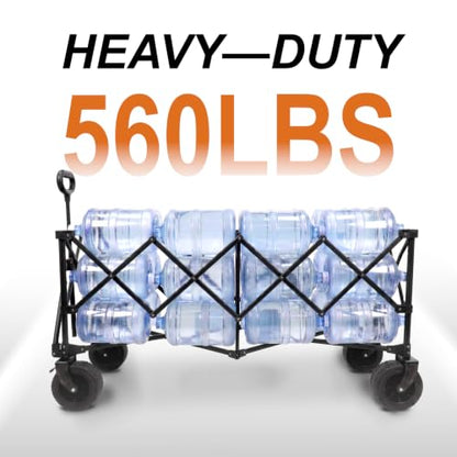 48.4" Extra Long Folding Wagon, 560 LBS Heavy Duty Collapsible Wagon Cart with 6.7" All-Terrain Wheels, 24.4" Wide Utility Wagon for Beach, Camping, Garden, Sports & Outdoor Gear
