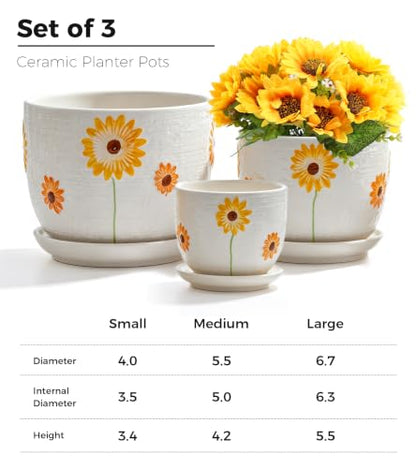 Ceramic Plant Pots,Sunflower Planters with Drainage Holes & Matching Saucer - color: White and Yellow
