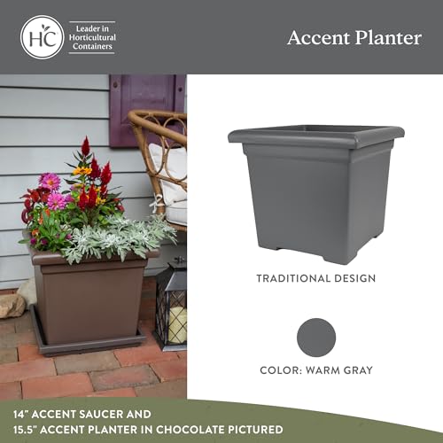 The HC Companies Accent Square Plant Pot w/Drainage - Classic Planters for Outdoor Plants & Indoor Plants - Lightweight & UV-Resistant Square Planter Box (15.5”, Warm Gray, Pack of 1) - color: Warm Gray, size: 15.5"