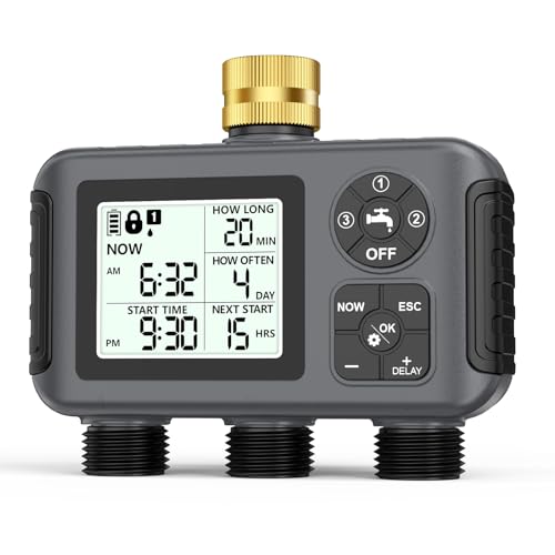 Insoma Water Timer with Brass Inlet, 3 Independent Zones Outdoor Hose Timer for Garden Faucet with Auto/Manual/Rain Delay Mode, IPX5 Waterproof, Sprinkler Irrigation Controller for Yard Lawn - color: Black, size: 3 Outlets