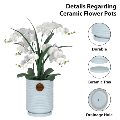 5.9 Inch Blue Ceramic Planter with Drainage and Saucer - color: Light Blue, size: Medium