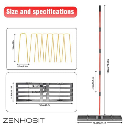 Zenhosit Lawn Leveling Rake - Lawn Leveler with 78" Adjustable Steel Handle, 30"x10" Ground Plate for Yard, Grass, Level Soil, Dirt Ground or Golf Field
