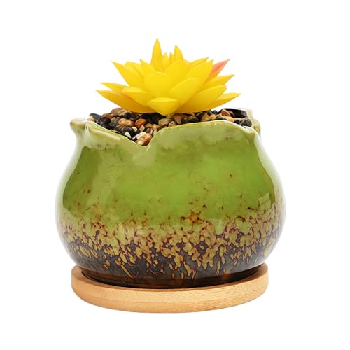 Cute 4" Round Ceramic Home Garden Decoration Succulent Cactus Flower Pots Container -Plant Not Included，Green - color: Green