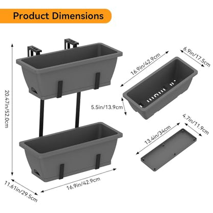 CADUKE 2 Tier Deck Railing Planter Boxes, Adjustable Hanging Railing Planter, Outdoor Railing Flower Boxes, Window Flower Boxes for Deck Railings, Gray - color: Gray