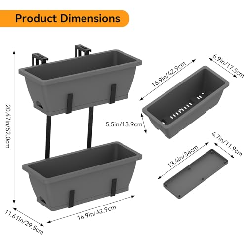 CADUKE 4 Pack Railing Planters, 16.9" Hanging Window Planters, Fence Flower Pots with Drainage Holes and Trays, Gray - color: Gray