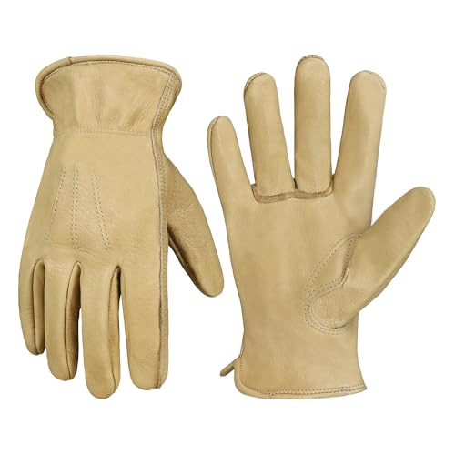 HANDLANDY Leather Gardening Gloves, Leather Work Gloves for Men Women - color: Coffee Cream (1 Pair), size: Medium