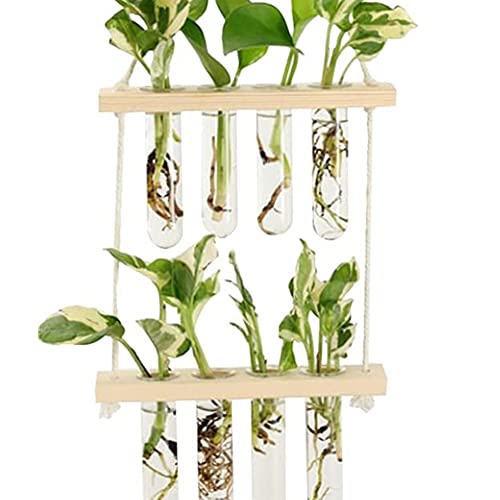 Wall Hanging Planter, 2 Tiered Plant Propagation Stations Plant Terrarium with Wooden Stand, Glass Planter Test Tube Vase for Propagating Hydroponic Plants Home Office Garden Decor (Wood Color) - color: Wood Color