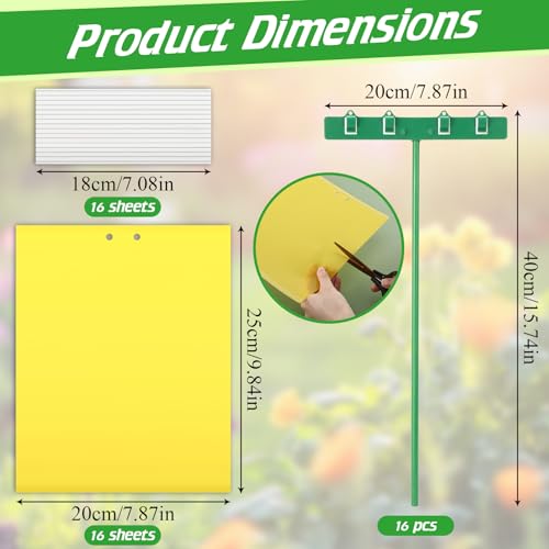 16 Set 7.8"x9.8" Dual-Sided Yellow Sticky Traps with Stakes Large Glue Traps for Flying Plant Insect Such as Fungus Gnats, Whiteflies, Aphids, Leafminers, etc, UV Resistant