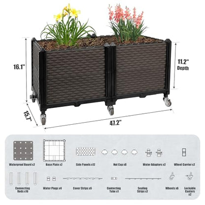 Raised Plant Box with Wheels 31.5"x15.7"x16.1", Raised Beds for Gardening Self Watering, Durable Metal Lockable Casters, Rectangular Garden Planter Perfect for Garden Patio Balcony Deck - size: L 32"xW 16"xH 16"