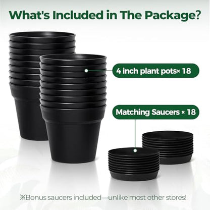 T4U Small Plant Pots 4 Inch 18 Pack, Plastic Flower Pots with Saucer Black - color: Black, size: 4 In