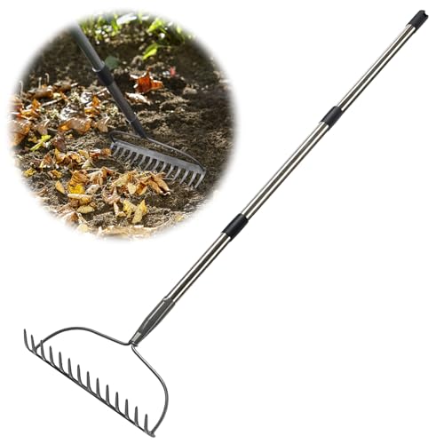 Rake for Leaves, Garden Bow Rake Heavy Duty, 48 in Leaf Rakes for Lawns, Yard Gardening Tools with Back-Saving Handle, 14 Metal Tines Head for Loosen Soil, Clear Gravel Grass Rock, Level Mulch - size: 4 FT