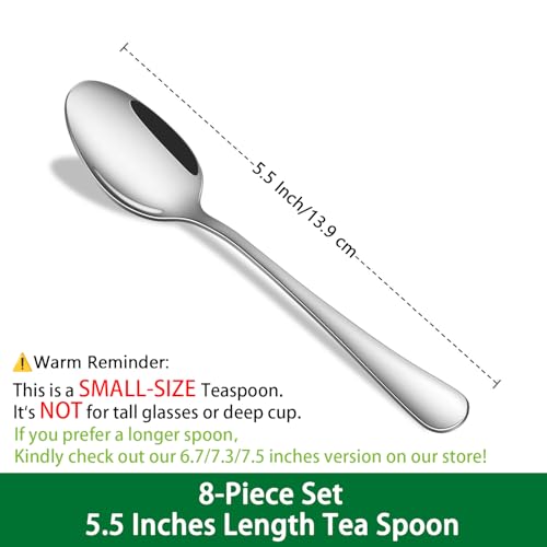 DEHOV 8-Piece 5.5 Inch Stainless Steel Small Tea & Coffee & Espresso Spoons - color: Silver