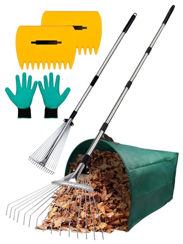 Adjustable Metal Leaf Rake Set Garden Rake for Leaves Long Handle 37"-63" Expandable Head Gardening Tools Set Includes 44 Gallon Bag & Scoop & Gloves Rakes for Lawns Heavy Duty for Yard Lawn Garden