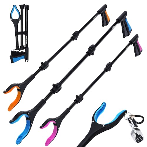 38" Extra Long Grabber Reacher Tool – 3 Pack Foldable Reacher Grabber Pickup Tools with 360° Rotating Jaw & Magnet - Heavy Duty Pick Up Grabbers for Seniors, Trash, Surgery Recovery (Orange Blue Pink) - color: Orange Blue Pink