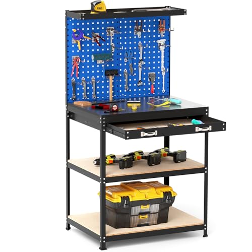 Goplus Workbench with Drawer, 32" x 16" Heavy-Duty Work Table with 2 PCS Pegboard & 4 Shelves, 19 Hanging Hooks, 495LBS Capacity, Metal Tool Storage Work Bench for Garage, Workshop, Home - color: Blue, size: 32" x 16" with Drawer