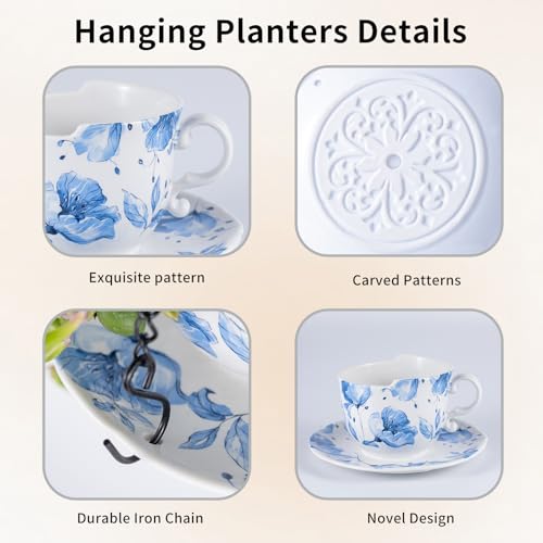 TEATALK Hanging Planters for Indoor Plants, Ceramic Pots with Drainage Hole, 6.3 Inch Hanging Planter with Chain, Outdoor Hanging Baskets for Plants, Blue Flowers, Cup Shape - style: Blue Flower