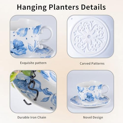 TEATALK Hanging Planters for Indoor Plants, Ceramic Pots with Drainage Hole, 6.3 Inch Hanging Planter with Chain, Outdoor Hanging Baskets for Plants, Blue Flowers, Cup Shape - style: Blue Flower