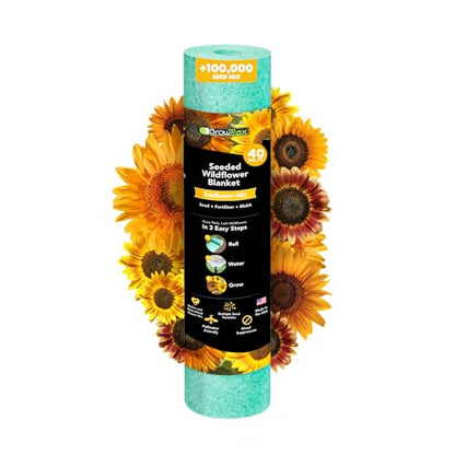 Growtrax Sunflower & Wildflower Seed Mat - 40 sqft Easy Plant and Grow with Eco-Friendly Bio Fabric Attracts Butterflies, Bees Blooms in Summer and Fall - Spring Mix Ideal for Gardens, Pots, Walkways - style: Sunflower Mix