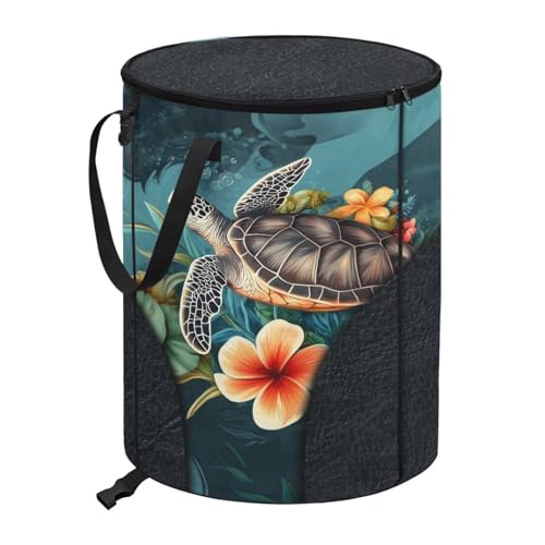 BIGCARJOB Flower Turtle Outdoor Trash Can Storage Collapsible Pop-up Recycle Trash Can 22.83x17.71 Waterproof Garbage Bin Bag with Lid and Clip - color: Flower Turtle Print