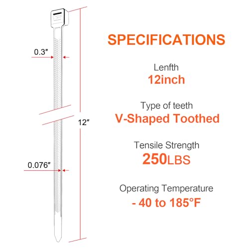 12 Inch V-Shaped Zip Ties Double Sided Toothed,250 LBS Tensile Strength Heavy Duty Cable Wire Ties With Self-Locking Adjustable More Durable Nylon Tie Wraps for Indoor Outdoor（50 Pack） - size: 12 inch 50 Pack （250 Lbs ）