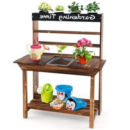 GLACER Potting Bench for Kids, Outdoor Wood Kids Garden Table with Removable Sink, Open Shelves, 4 Pots, Toy Gardening Center Playset, Kids Potting Table Mud Kitchen, Gift for Boys Girls Aged 3+