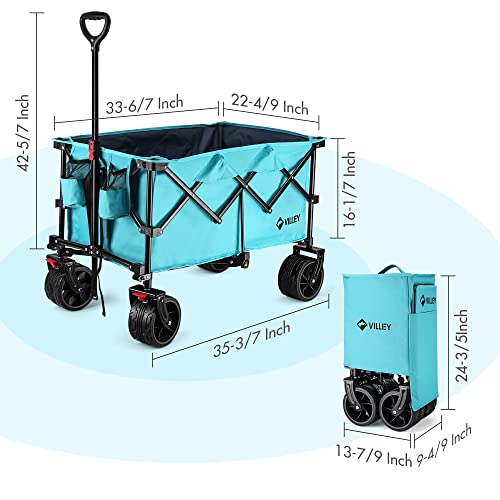 VILLEY Collapsible Folding Wagon with Big Wheels, All Terrain Beach Wagon Cart Heavy Duty Foldable, Enlarged 225lbs Capacity, Portable Utility Garden Cart with 2 Cup Holders and Brake, Blue - color: Blue